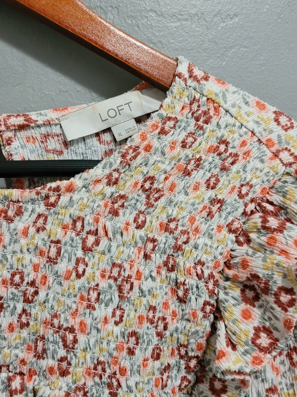 LOFT Cream Floral Smocked Ruffle Long-Sleeve Blouse - Picture 2 of 9